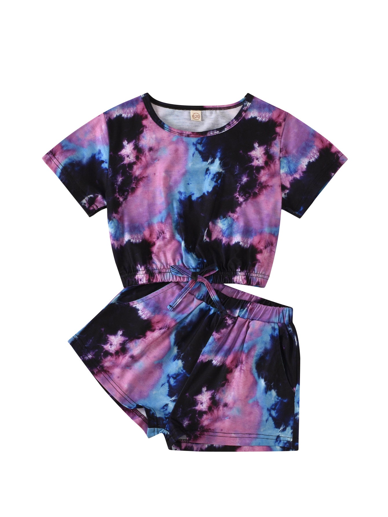 Wholesale Tie Dye Round Neck Short Sleeve Tape Top+Short Shorts Baby Clothes